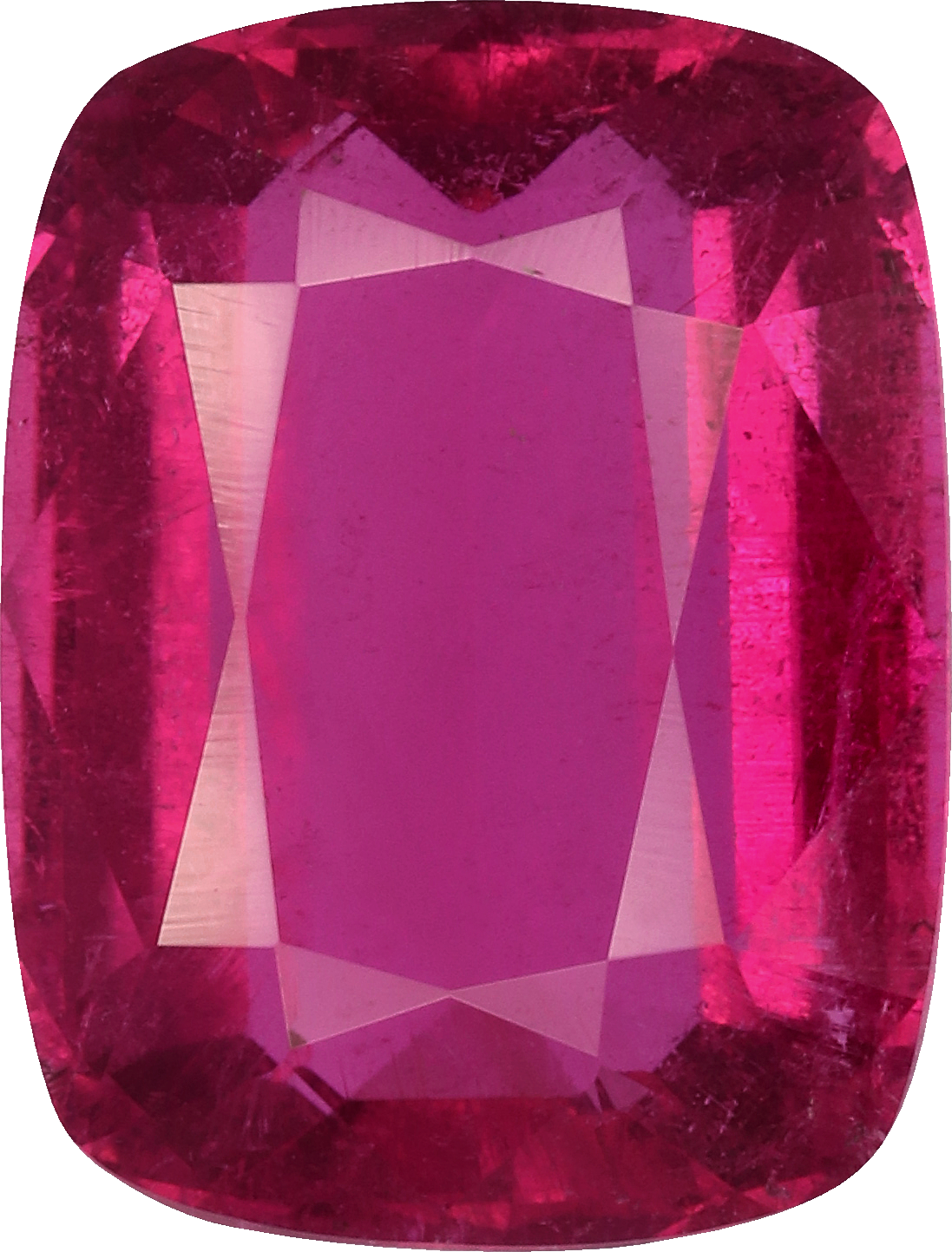 Cushion cut rubellite tourmaline, 10.88 by 8.27 mm, shown at actual size