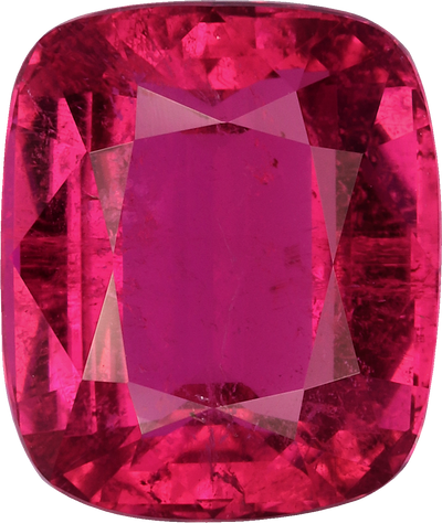 Cushion cut rubellite tourmaline, 10.18 by 8.59 mm, shown at actual size