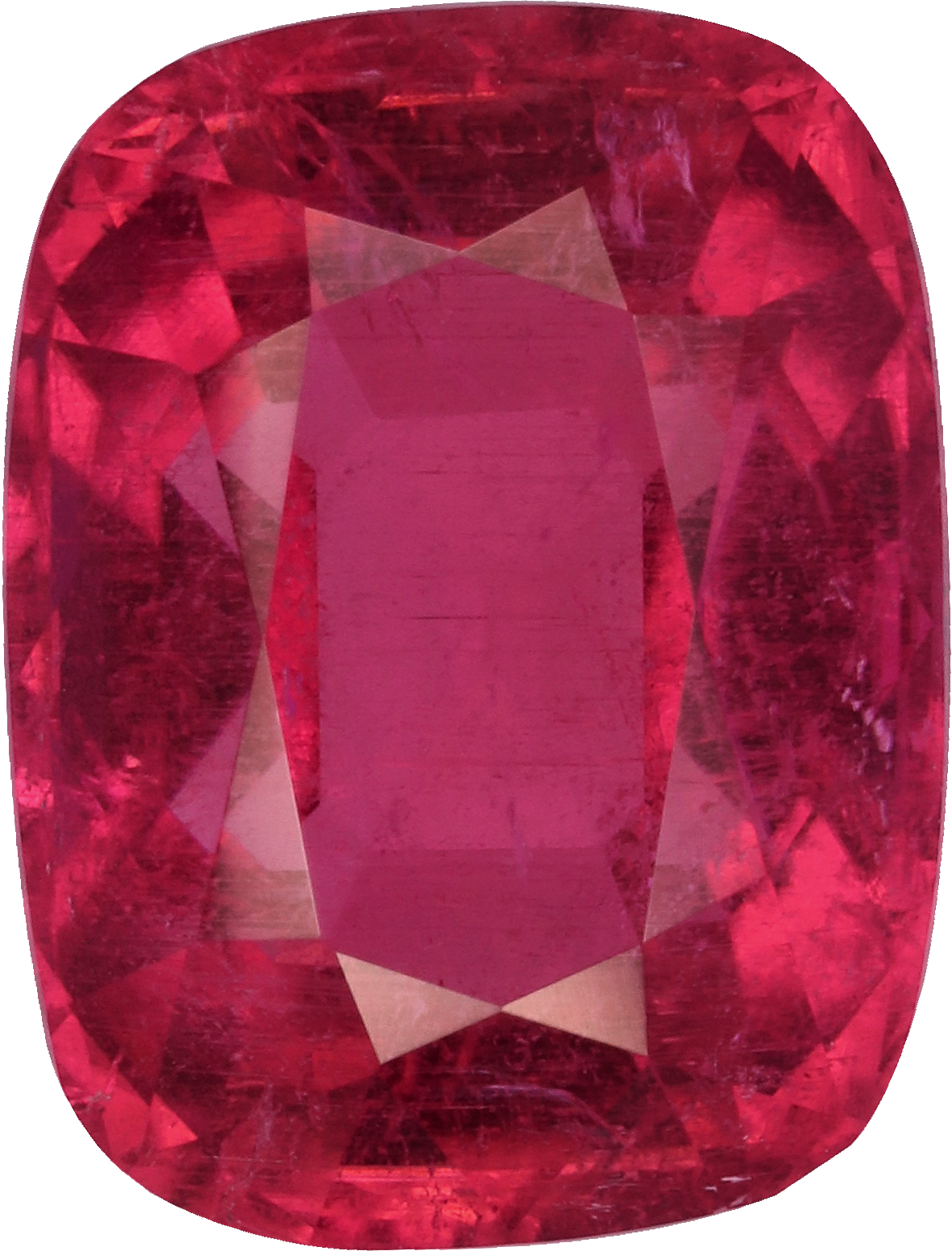 Cushion cut rubellite tourmaline, 11.66 by 8.86 mm, shown at actual size