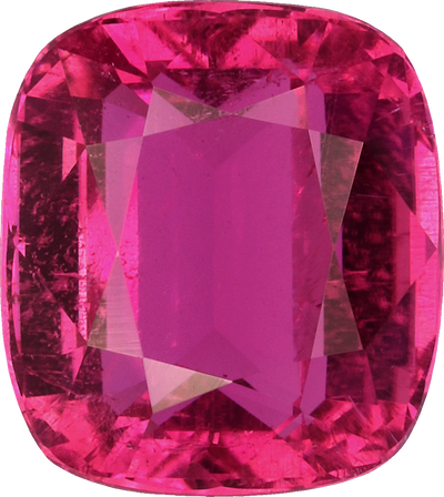 Cushion cut rubellite tourmaline, 7.59 by 6.75 mm, shown at actual size