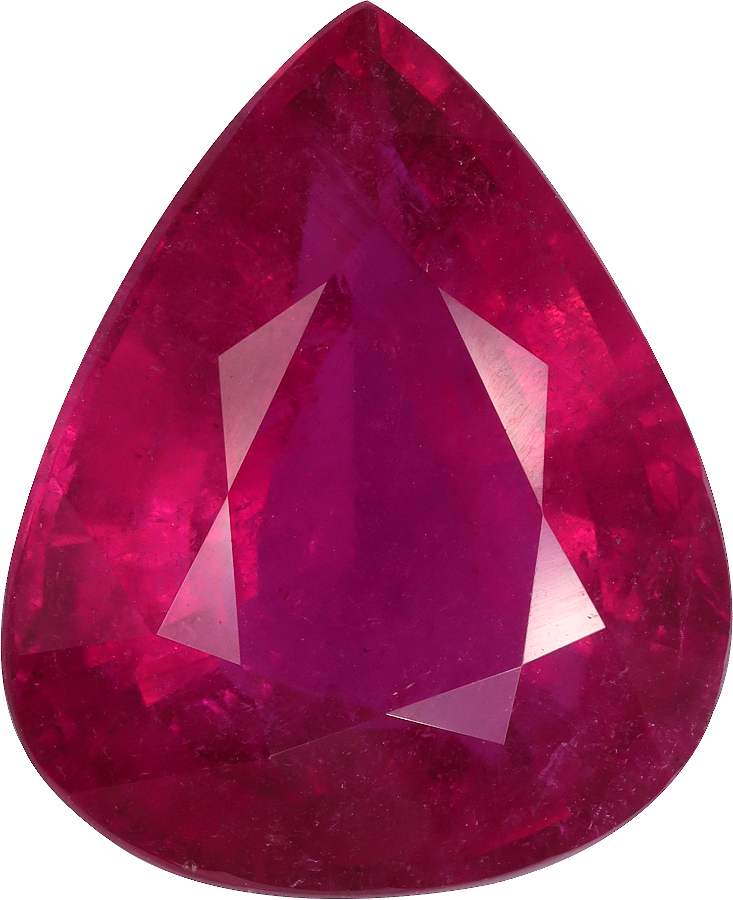 Pear cut rubellite tourmaline, 19.79 by 16.24 mm, shown at actual size
