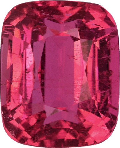Cushion cut rubellite tourmaline, 8.99 by 7.32 mm, shown at actual size