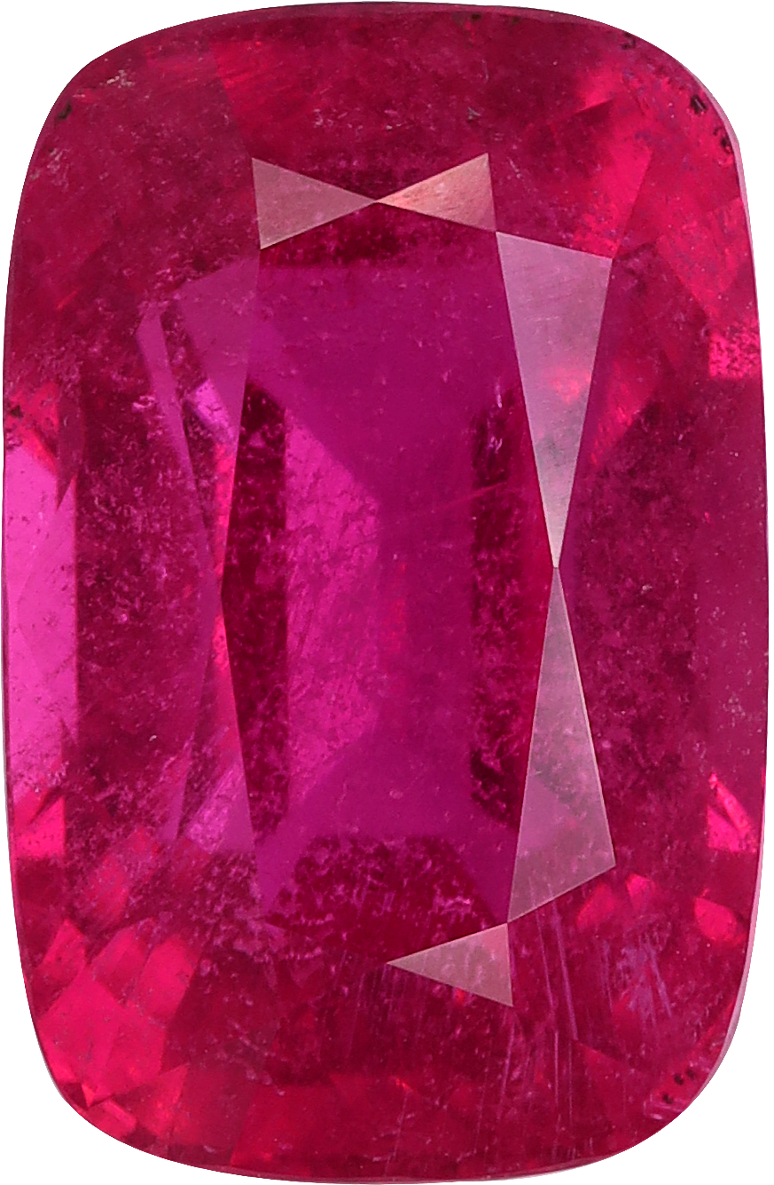 Cushion cut rubellite tourmaline, 12.64 by 8.25 mm, shown at actual size