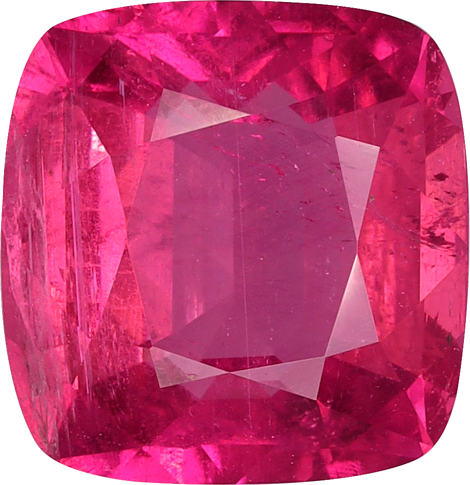 Cushion cut rubellite tourmaline, 9.35 by 9.03 mm, shown at actual size