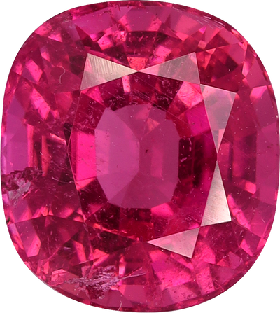 Cushion cut rubellite tourmaline, 9.21 by 8.27 mm, shown at actual size