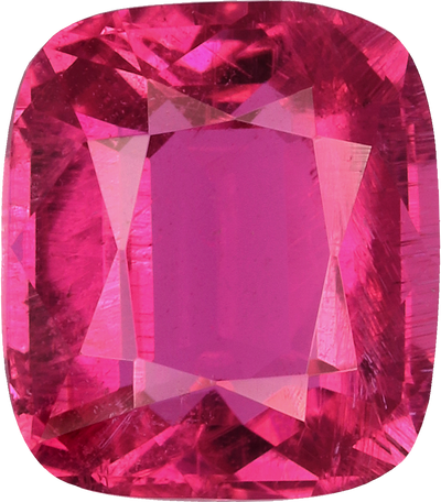 Cushion cut rubellite tourmaline, 7.52 by 6.58 mm, shown at actual size