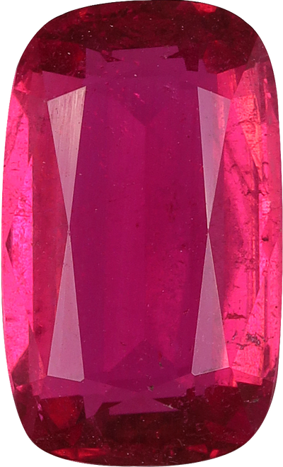 Cushion cut rubellite tourmaline, 10.89 by 6.63 mm, shown at actual size