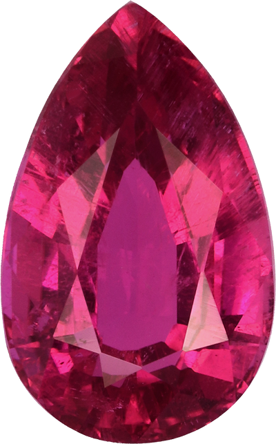 Pear cut rubellite tourmaline, 9.82 by 6.01 mm, shown at actual size