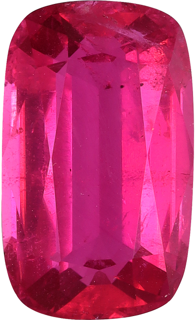 Cushion cut rubellite tourmaline, 11.25 by 6.78 mm, shown at actual size