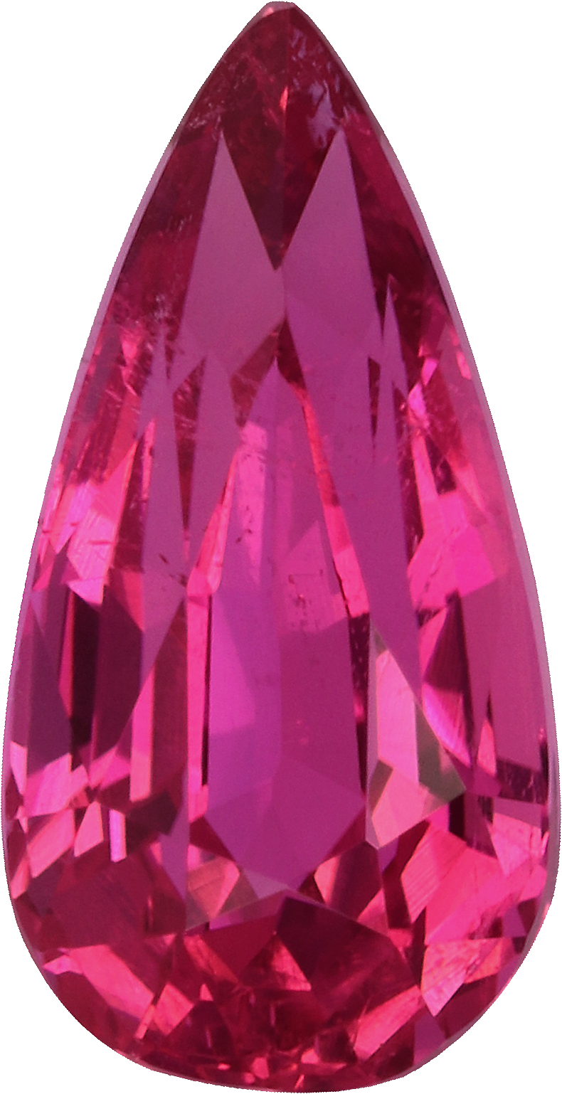 Pear cut rubellite tourmaline, 8.99 by 4.66 mm, shown at actual size