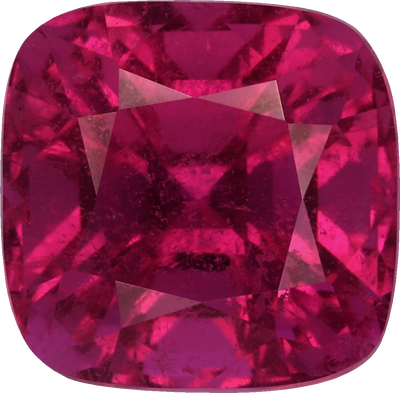 Cushion cut rubellite tourmaline, 6.49 by 6.34 mm, shown at actual size