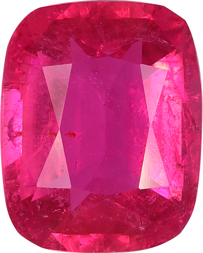 Cushion cut rubellite tourmaline, 9.65 by 7.68 mm, shown at actual size