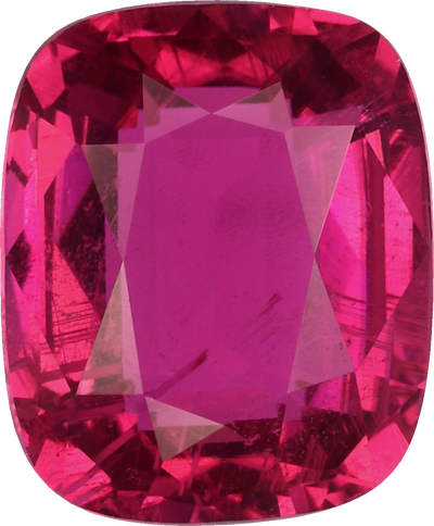 Cushion cut rubellite tourmaline, 8.14 by 6.76 mm, shown at actual size
