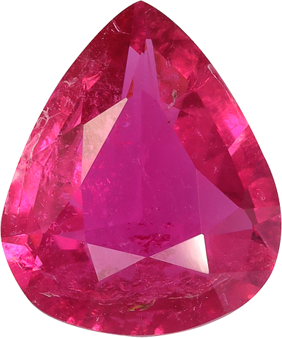 Pear cut rubellite tourmaline, 9.84 by 8.2 mm, shown at actual size
