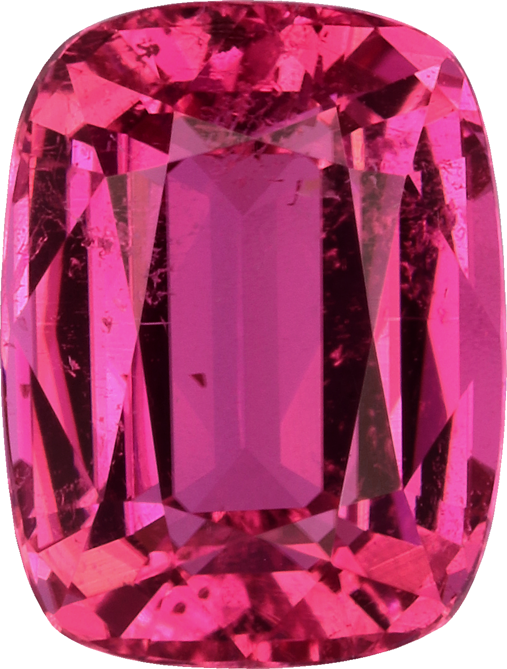 Cushion cut rubellite tourmaline, 7.91 by 6 mm, shown at actual size