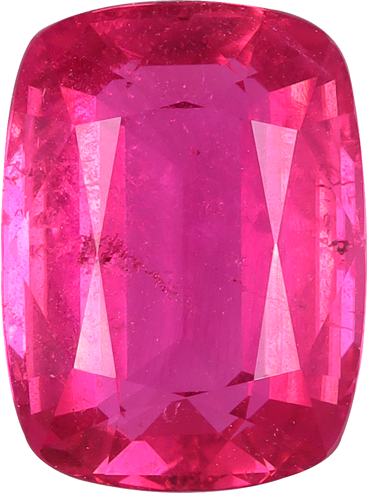 Cushion cut rubellite tourmaline, 9.73 by 7.23 mm, shown at actual size