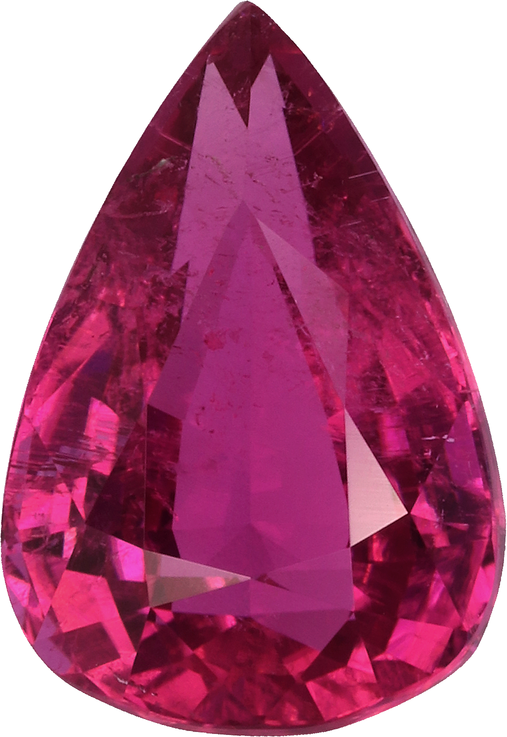 Pear cut rubellite tourmaline, 9.76 by 6.72 mm, shown at actual size