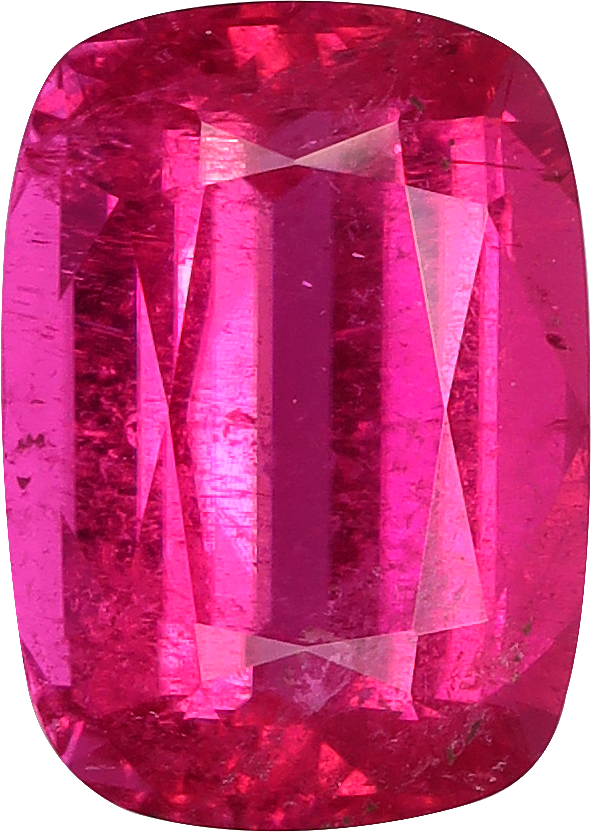 Cushion cut rubellite tourmaline, 9.78 by 6.99 mm, shown at actual size