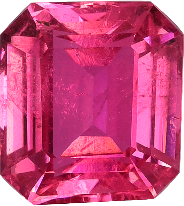 Rectangular cut rubellite tourmaline, 8.32 by 7.58 mm, shown at actual size