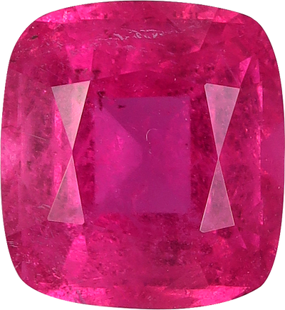 Cushion cut rubellite tourmaline, 8.19 by 7.57 mm, shown at actual size