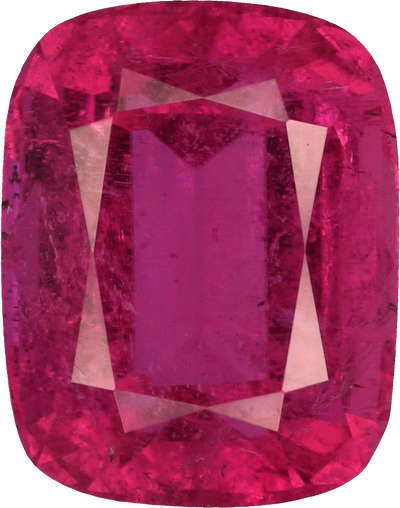 Cushion cut rubellite tourmaline, 8.16 by 6.42 mm, shown at actual size