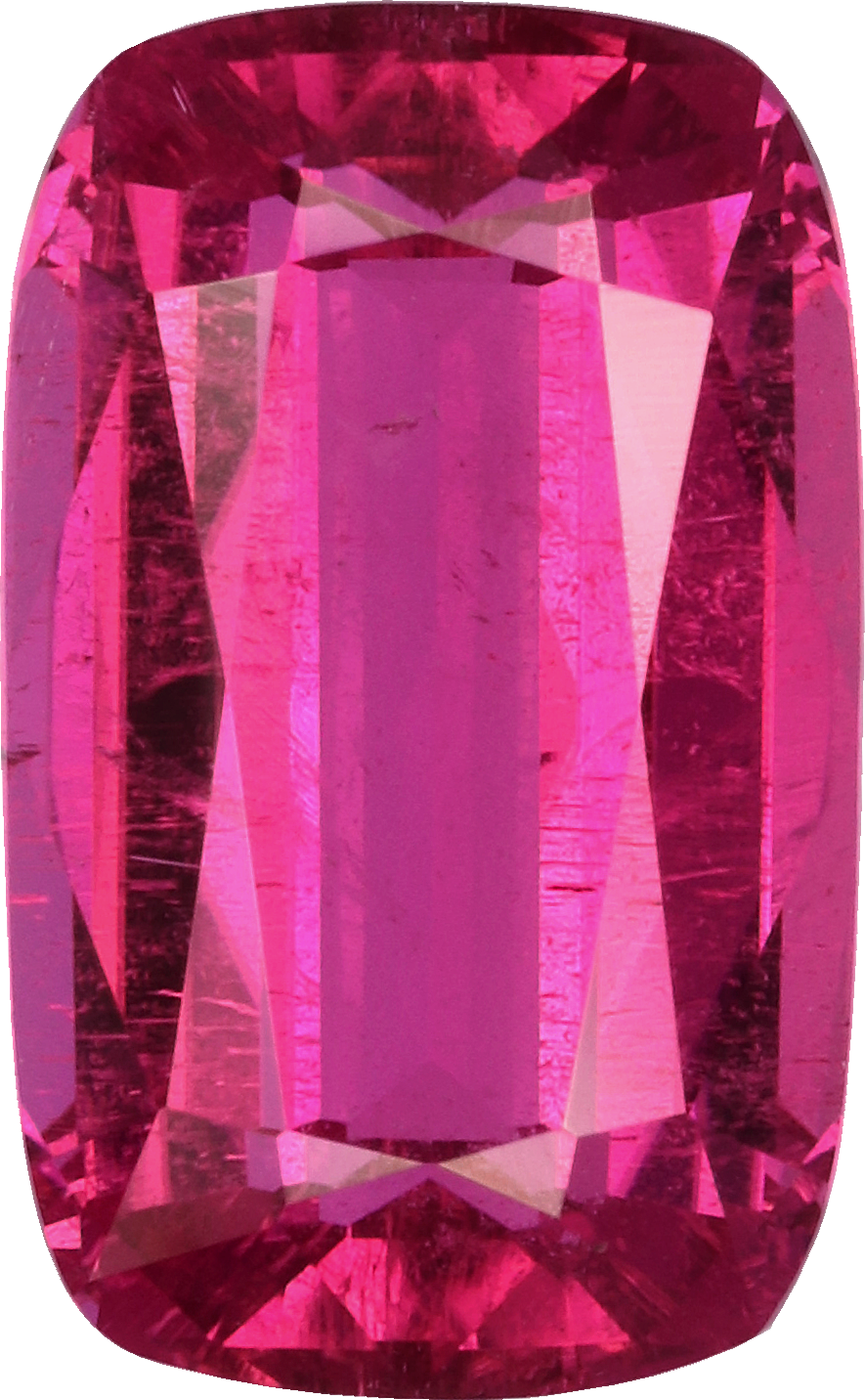 Cushion cut rubellite tourmaline, 9.65 by 5.93 mm, shown at actual size