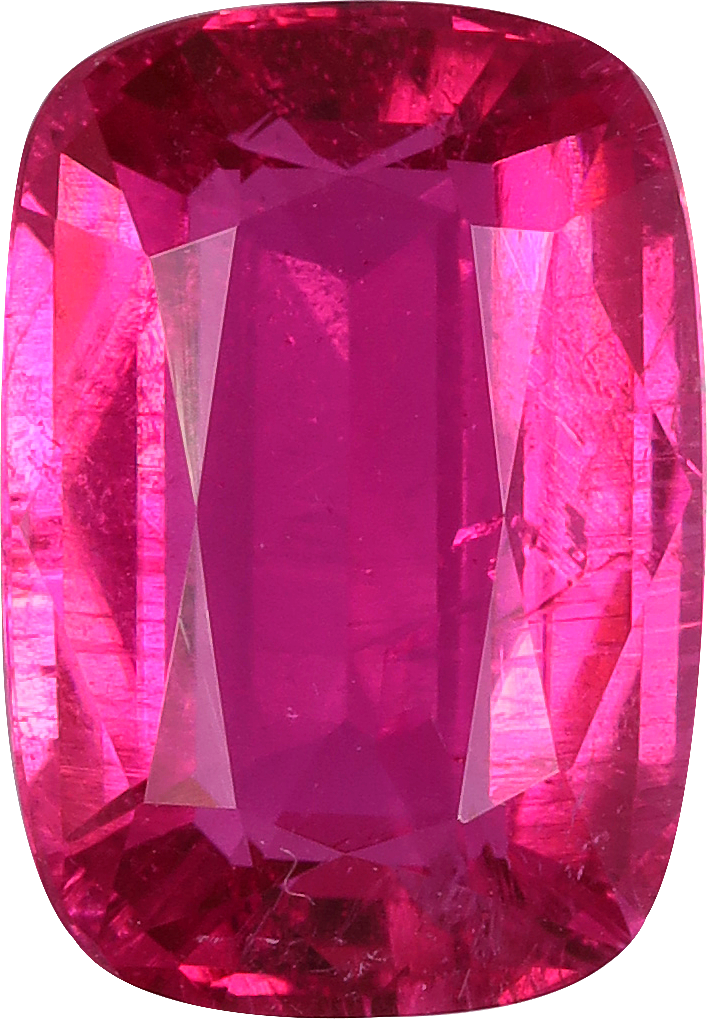 Cushion cut rubellite tourmaline, 10.04 by 6.91 mm, shown at actual size