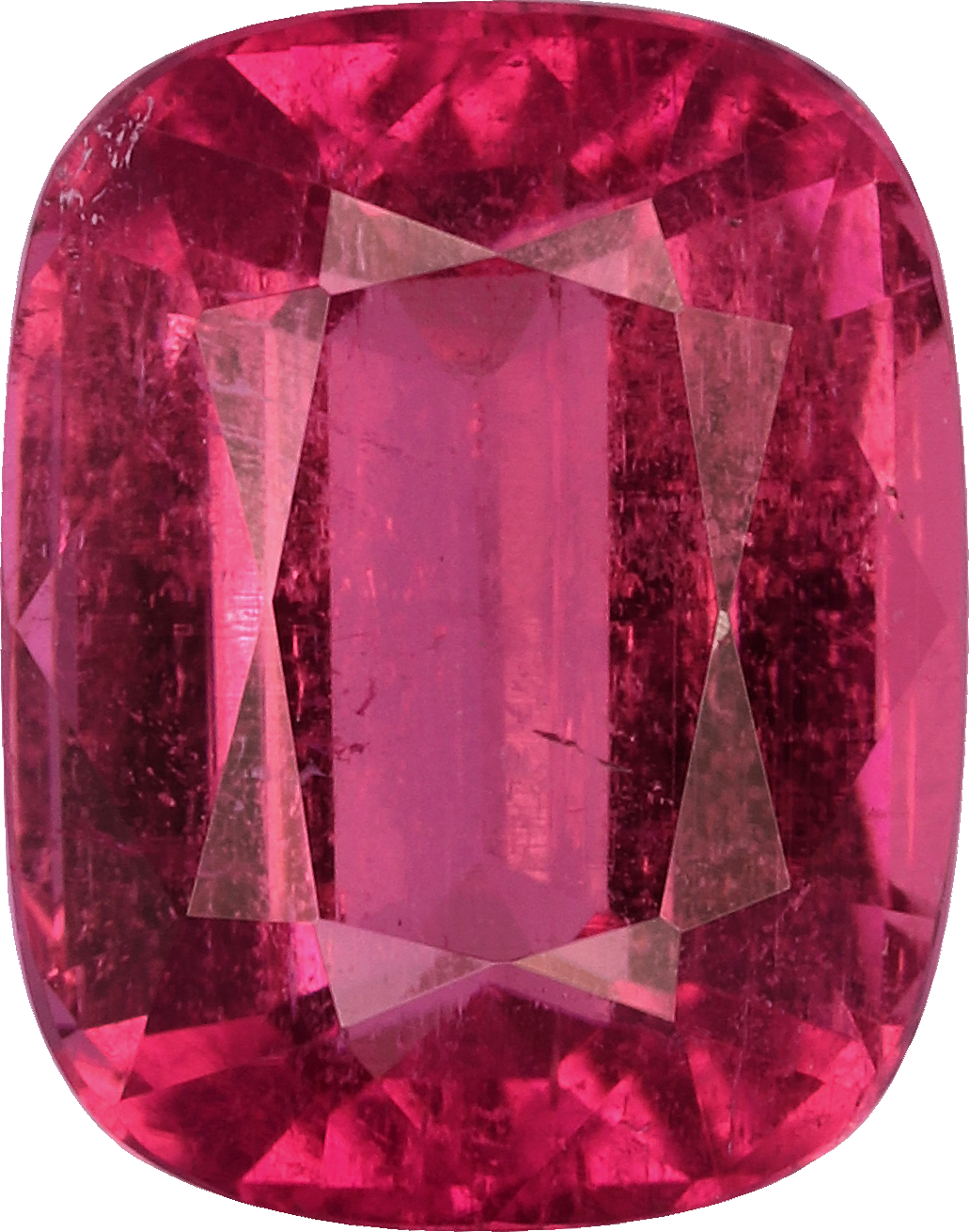 Cushion cut rubellite tourmaline, 8.61 by 6.8 mm, shown at actual size