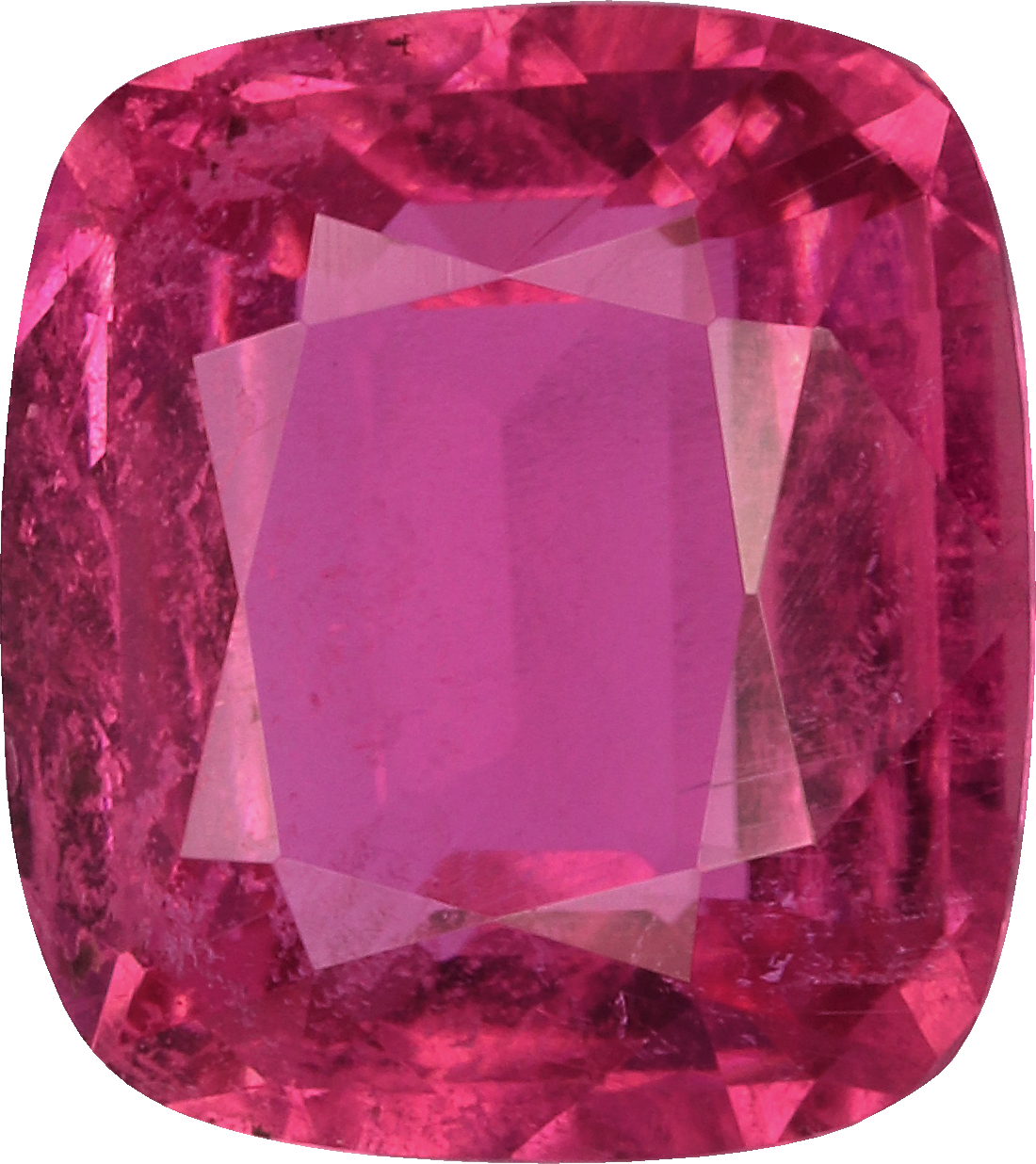 Cushion cut rubellite tourmaline, 7.6 by 6.83 mm, shown at actual size