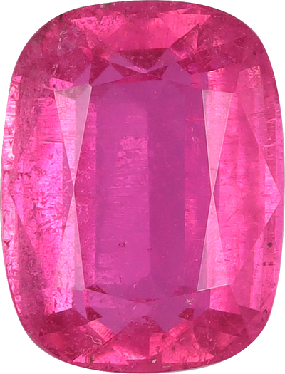 Cushion cut rubellite tourmaline, 8.9 by 6.75 mm, shown at actual size