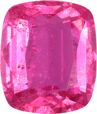 Cushion cut rubellite tourmaline, 8.8 by 7.48 mm, shown at actual size
