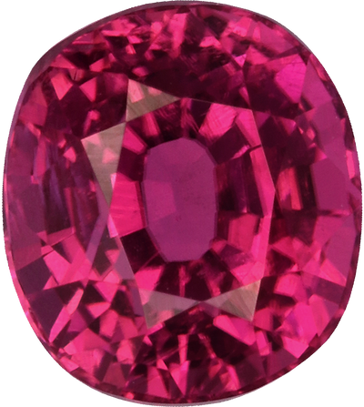 Cushion cut rubellite tourmaline, 5.92 by 5.27 mm, shown at actual size