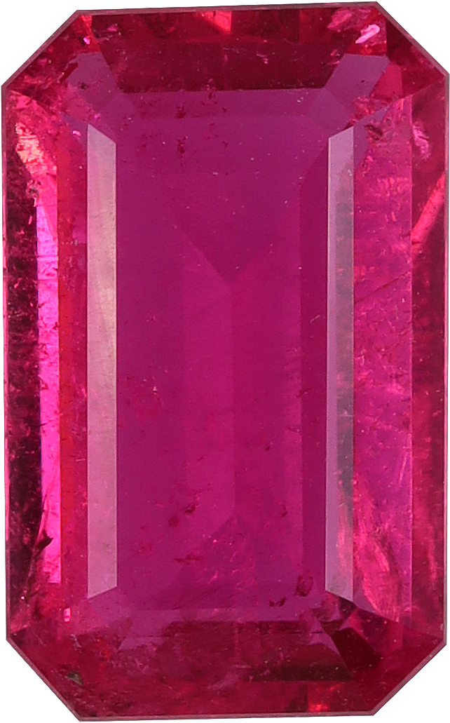 Rectangular cut rubellite tourmaline, 10.03 by 6.28 mm, shown at actual size