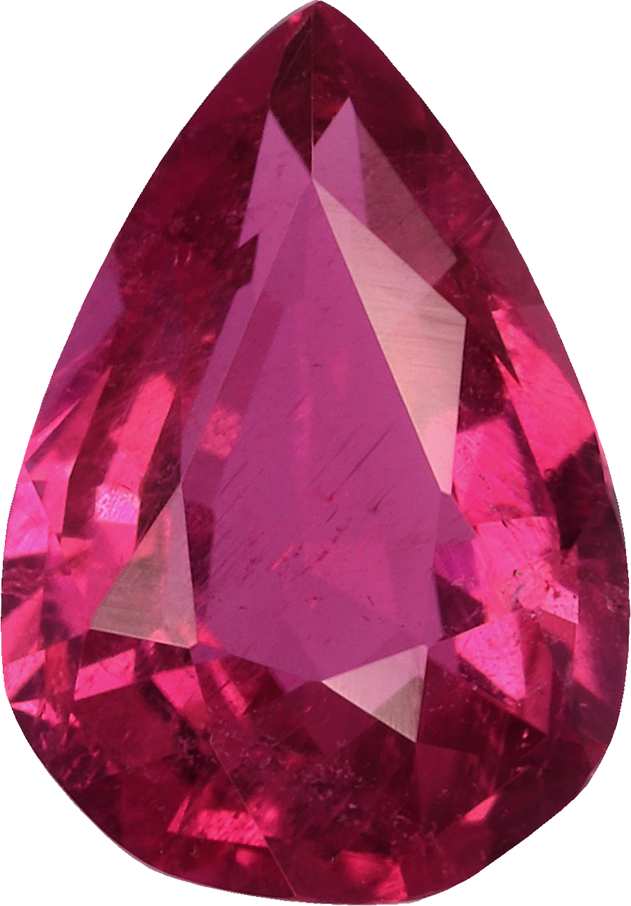 Pear cut rubellite tourmaline, 9.01 by 6.05 mm, shown at actual size
