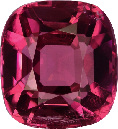 Cushion cut rubellite tourmaline, 6.92 by 6.3 mm, shown at actual size
