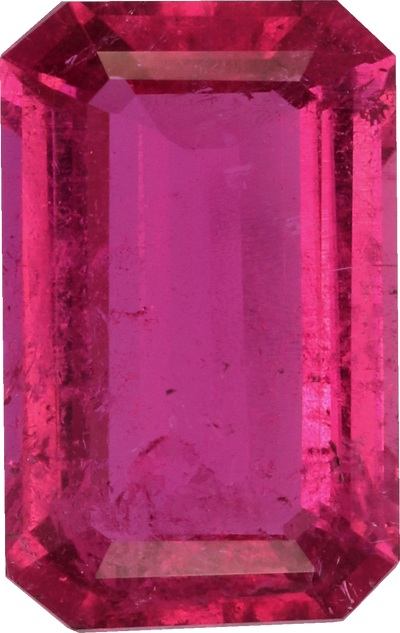 Rectangular cut rubellite tourmaline, 9.34 by 5.83 mm, shown at actual size