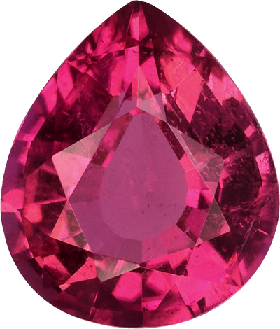 Pear cut rubellite tourmaline, 7.75 by 6.6 mm, shown at actual size