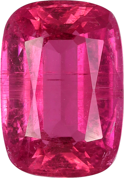 Cushion cut rubellite tourmaline, 9.6 by 6.67 mm, shown at actual size