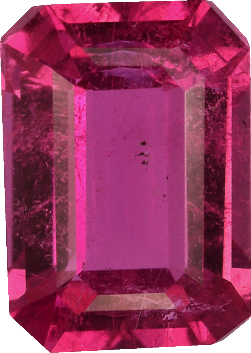Rectangular cut rubellite tourmaline, 7.33 by 5.28 mm, shown at actual size