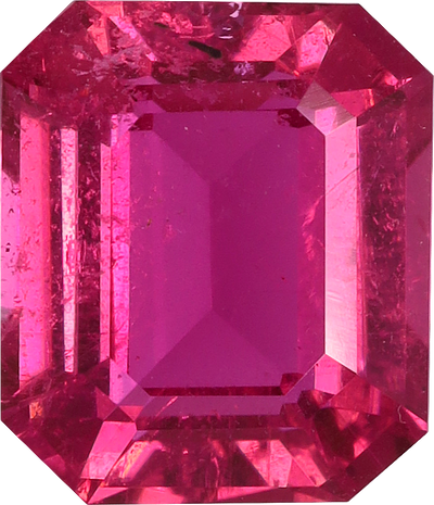 Rectangular cut rubellite tourmaline, 8.17 by 7.06 mm, shown at actual size