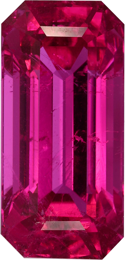 Rectangular cut rubellite tourmaline, 14.78 by 7.05 mm, shown at actual size