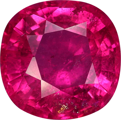 Cushion cut rubellite tourmaline, 11.29 by 11.18 mm, shown at actual size