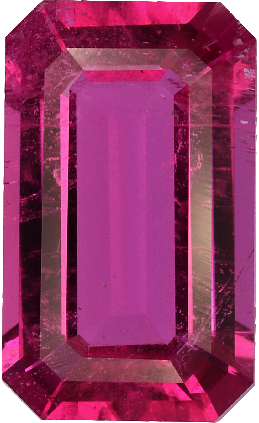 Rectangular cut rubellite tourmaline, 12.57 by 7.6 mm, shown at actual size