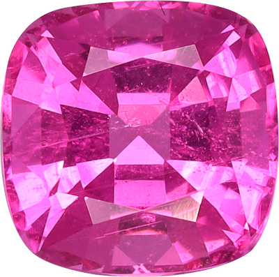 Cushion cut rubellite tourmaline, 7.09 by 7.05 mm, shown at actual size