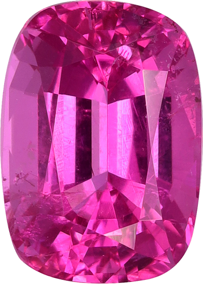 Cushion cut rubellite tourmaline, 8.39 by 6.01 mm, shown at actual size