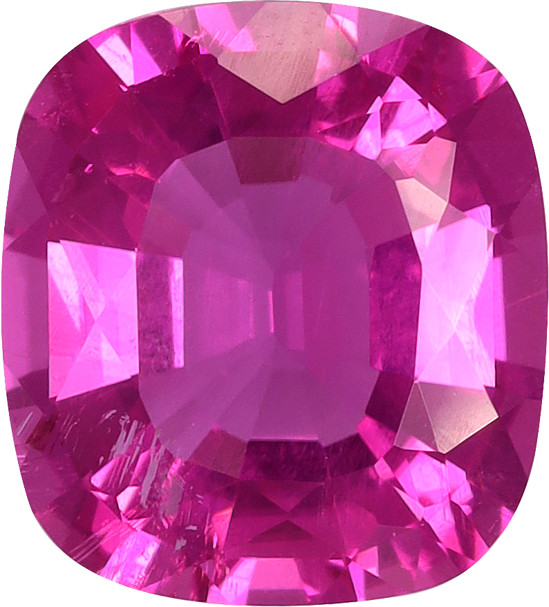 Cushion cut rubellite tourmaline, 8.32 by 7.56 mm, shown at actual size