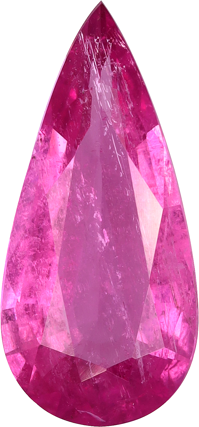Pear cut rubellite tourmaline, 14.15 by 6.66 mm, shown at actual size
