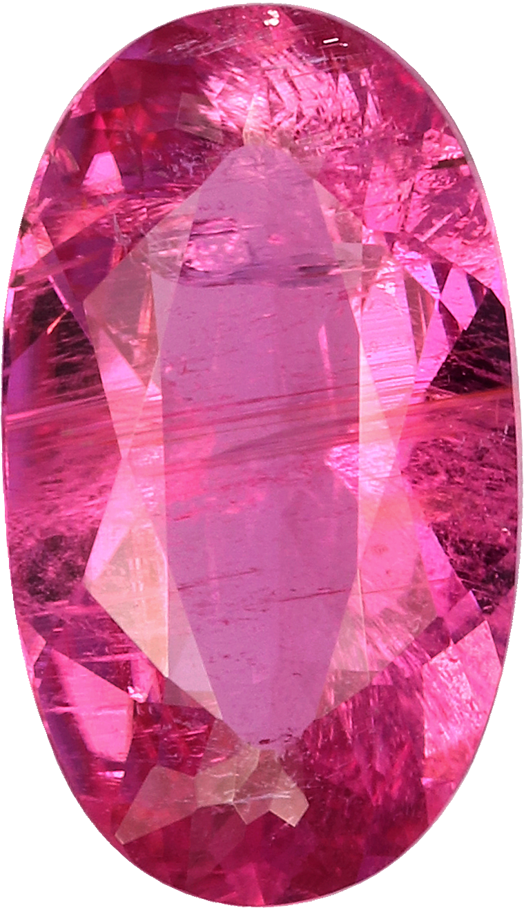 Oval cut rubellite tourmaline, 11.26 by 6.5 mm, shown at actual size