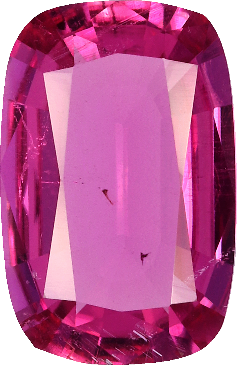 Cushion cut rubellite tourmaline, 9.65 by 6.26 mm, shown at actual size