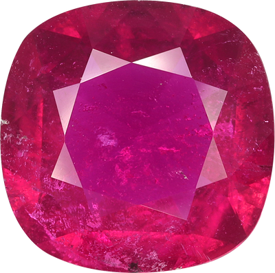 Cushion cut rubellite tourmaline, 11.63 by 11.59 mm, shown at actual size